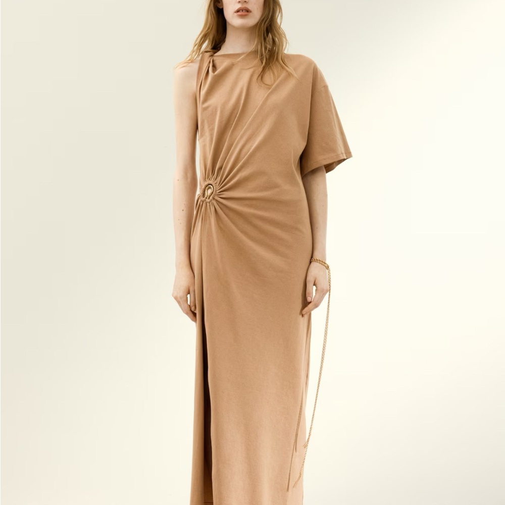 H&M Tan Asymmetrical Ruched Cocktail Gown